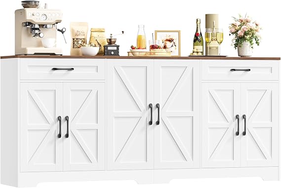 HOCSOK 180cm Large Sideboard, Kitchen Cabinet with 6 Barn Doors & 2 Drawers | Adjustable Shelves, Sideboard Storage Cabinet for Living Room, Dining Room, Wooden Buffet Cabinet, White, 87H x 180W x 34D cm
