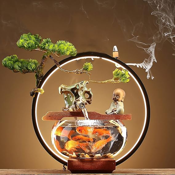 Tabletop Water Fountains Indoor Waterfall with 1 Gallon Fish Tank Zen Decor for Meditation with LED light Japanese Decor with Fake Plants Feng Shui Decor for Good Luck Wealth