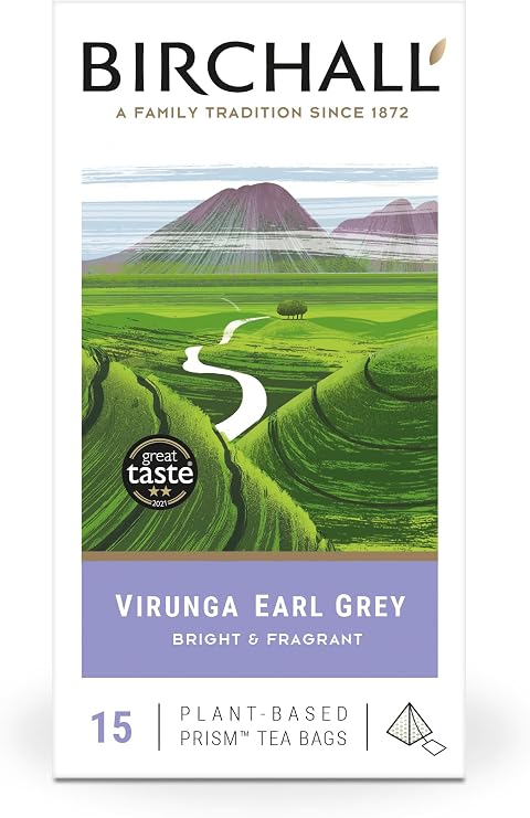 Birchall Tea Bags, Virunga Earl Grey Tea, Afternoon Black Tea Bursting with Full Flavour, 15 Plant-Based Prism Tea Bags