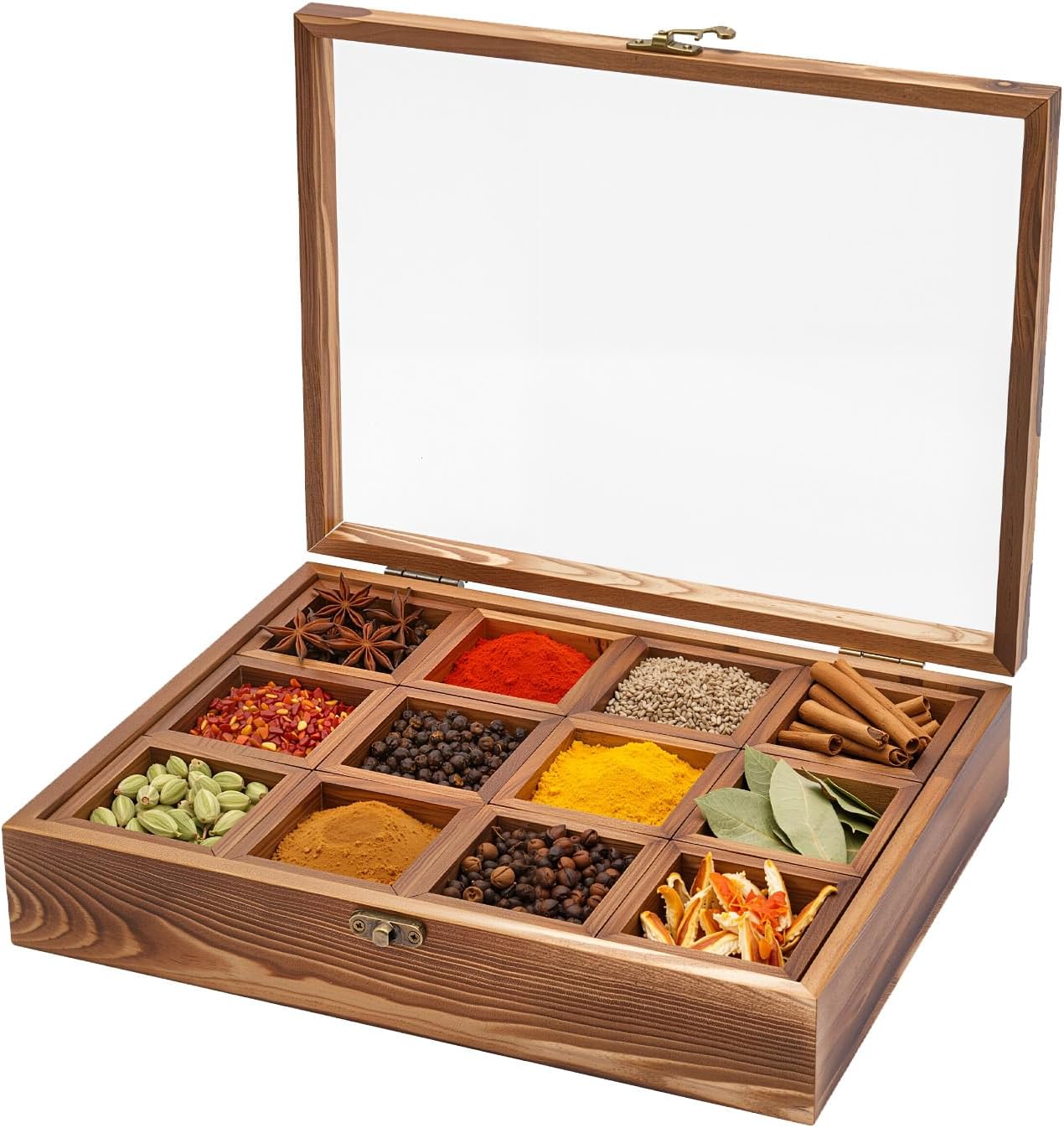 Wooden Spice Box with 12 Compartments | Spice Fit Box Retro Style Clear Lid Countertop with Wooden Spoon Ideal for Storing up to Spices or Teas in the Kitchen Living Room