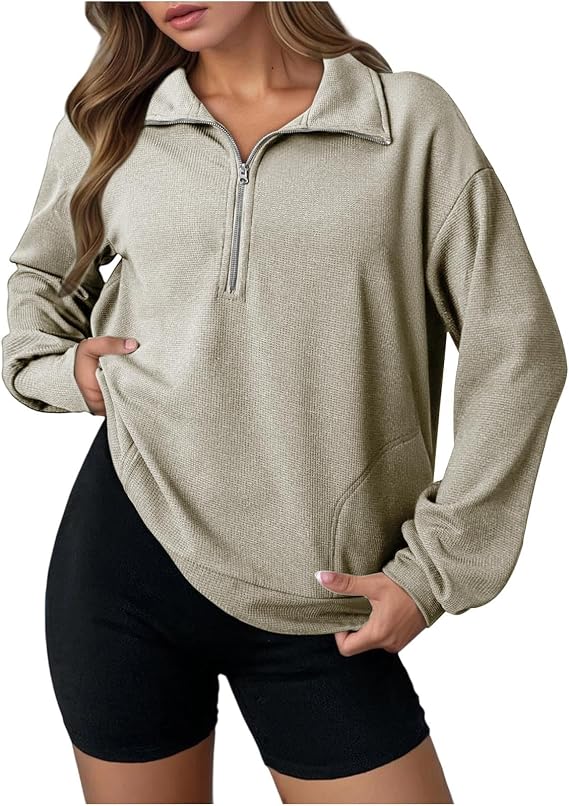 Womens Fall Sweatshirts Half Zip up Lapel Casual Long Sleeve Sweatshirts Loose Solid Color Pullover Tops