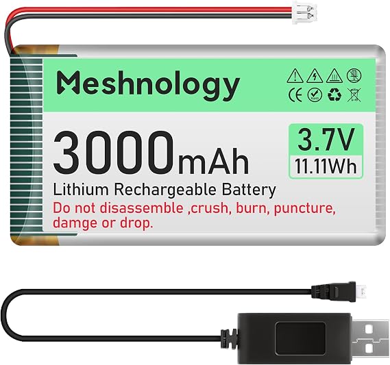 3.7V 3000mAh Li Battery with USB Charger Cable 103665 1S LiPo Battery with Protection Board Insulated Rubber Tape and Micro JST 1.25 Plug for Arduino ESP32 Module Board Drone RC Car (1Pack)