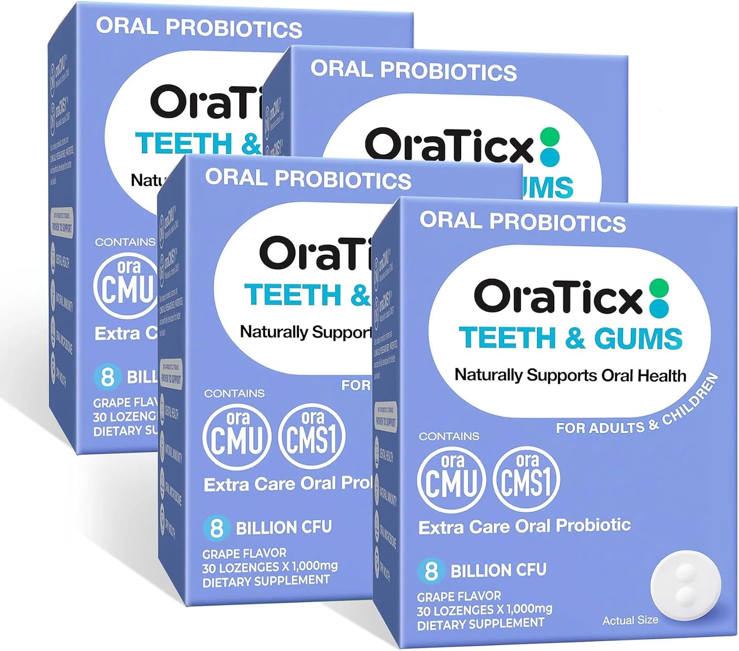 OraTicx Teeth & Gums Dental Probiotic, Naturally Supports Oral Health and Immunity, Oral robiotics Supplement 8 Billion CFU, Grape Flavor, 30 Lozenges 4-Pack