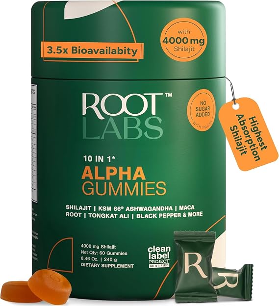 ROOT LABS 10-in-1 Alpha Shilajit Gummies | 400 mg Pure Himalayan Shilajit with Tongkat Ali & Maca Root | Shilajit for Men & Women | ShilAbsorb Bioavailability Tech | Sugar-Free, Vegan | 60 Gummies