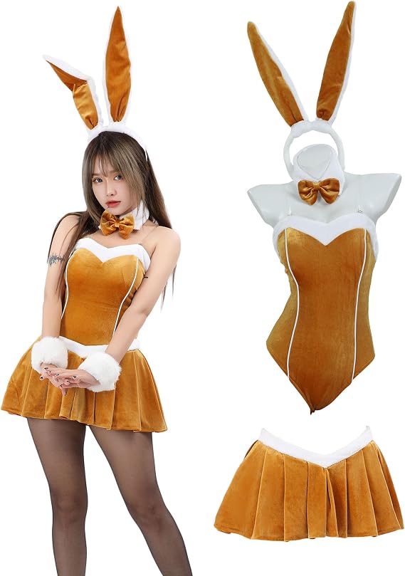 Mobbunny Women Anime Cosplay Christmas Costume Brown Bunny Girl Bodysuit Skirt Set Deluxe Velvet One Piece Bodysuit