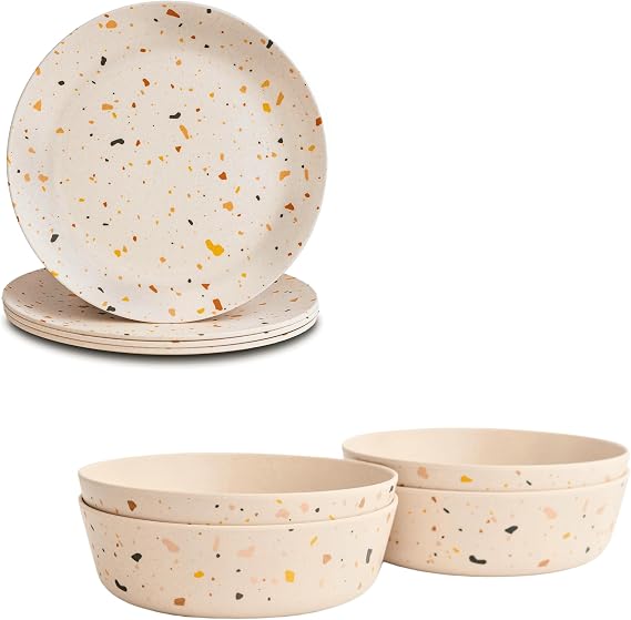 Nook Theory Bamboo Dinnerware Set for Kids 18 Oz Bowls and Plates Combo for Everyday Meals (Celebration 8")