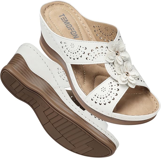 TEMOFON Womens Wedge Sandals Leather: Comfortable Walking Shoes Summer