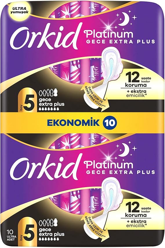 Orkid Platinum Hijyenik Ped Gece Ekstra Plus (Boy 5) Ekonomik Paket 10 Adet Ped