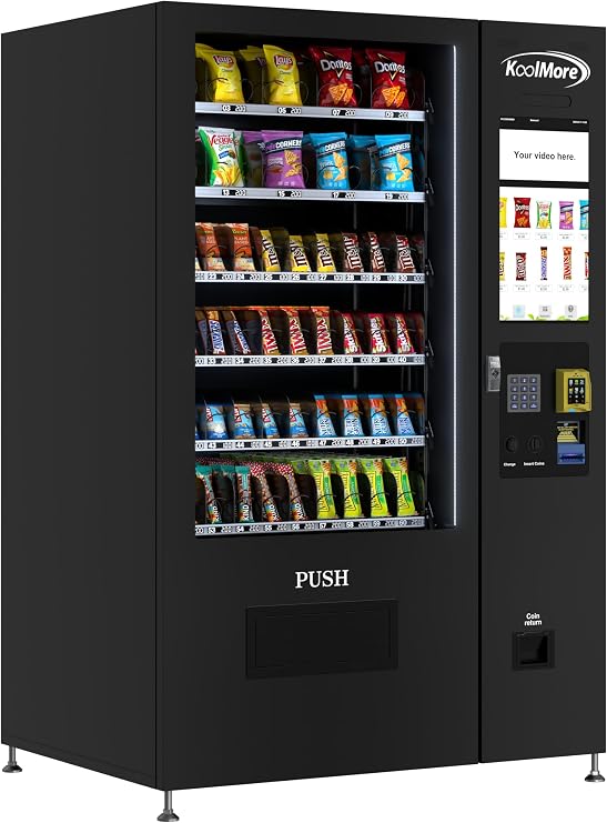 KoolMore Non-Refrigerated Snack Vending Machine with 60 Slots, Credit Card Reader, Coin and Bill Acceptor, and 22 Inch Touch Screen in Black (KM-VMNT-50-BCR)