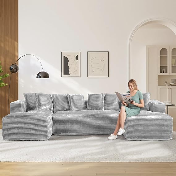 ONEMMLION 131" Oversized Cloud Boneless Couch Sofa with Chaise, Grey