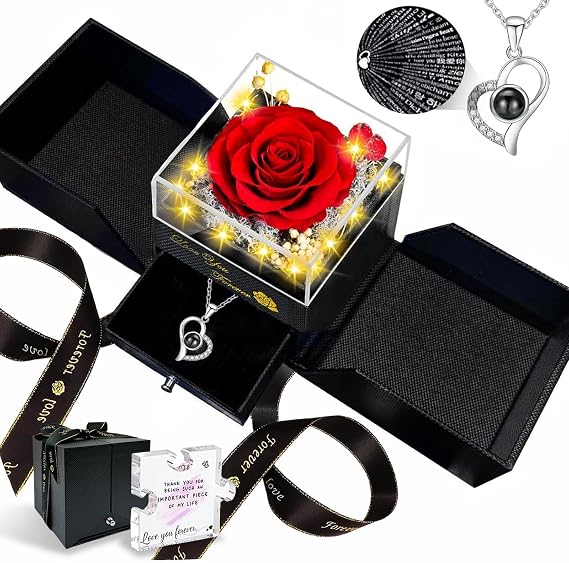 Preserved Real Rose Birthday Gifts for Women Eternal Flowers Rose for Mom Her Wife Girlfriend on Anniversary with I Love You Necklace Romantic Gift (Red)