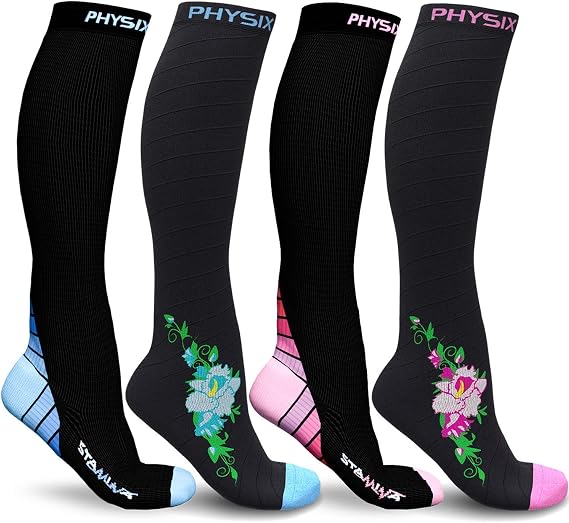 Physix Gear Sport 4 Pairs of Compression Socks for Men & Women in (Black/Blue + Black/Pink + Black/Pink Flowers + Blue/Blue Flowers) S-M Size