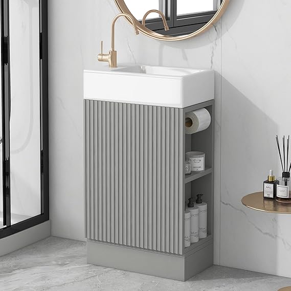 Yozma 18.6 Inch Bathroom Vanity with Sink, Bathroom Vanity Cabinet, Grey MDF Vanity, Ceramic Single Hole Sink, Side Shelf and Toilet Paper Holder, Freestanding, Modern