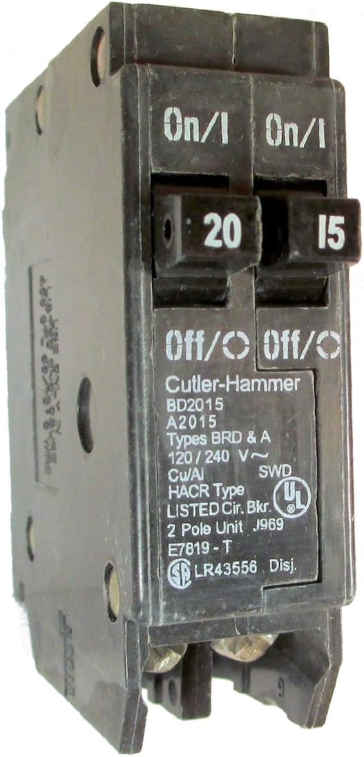 Eaton Cutler-Hammer BD2015 Type BR Duplex Twin 2 Pole 20A /15A Circuit Breaker Rejection Type