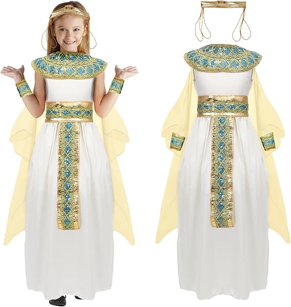 Girls Cleopatra Costume Kids Egyptian Costume Dress Cape Belt Collar Headpiece Wrist Cuffs Egyptian Outfit 4-12 Years