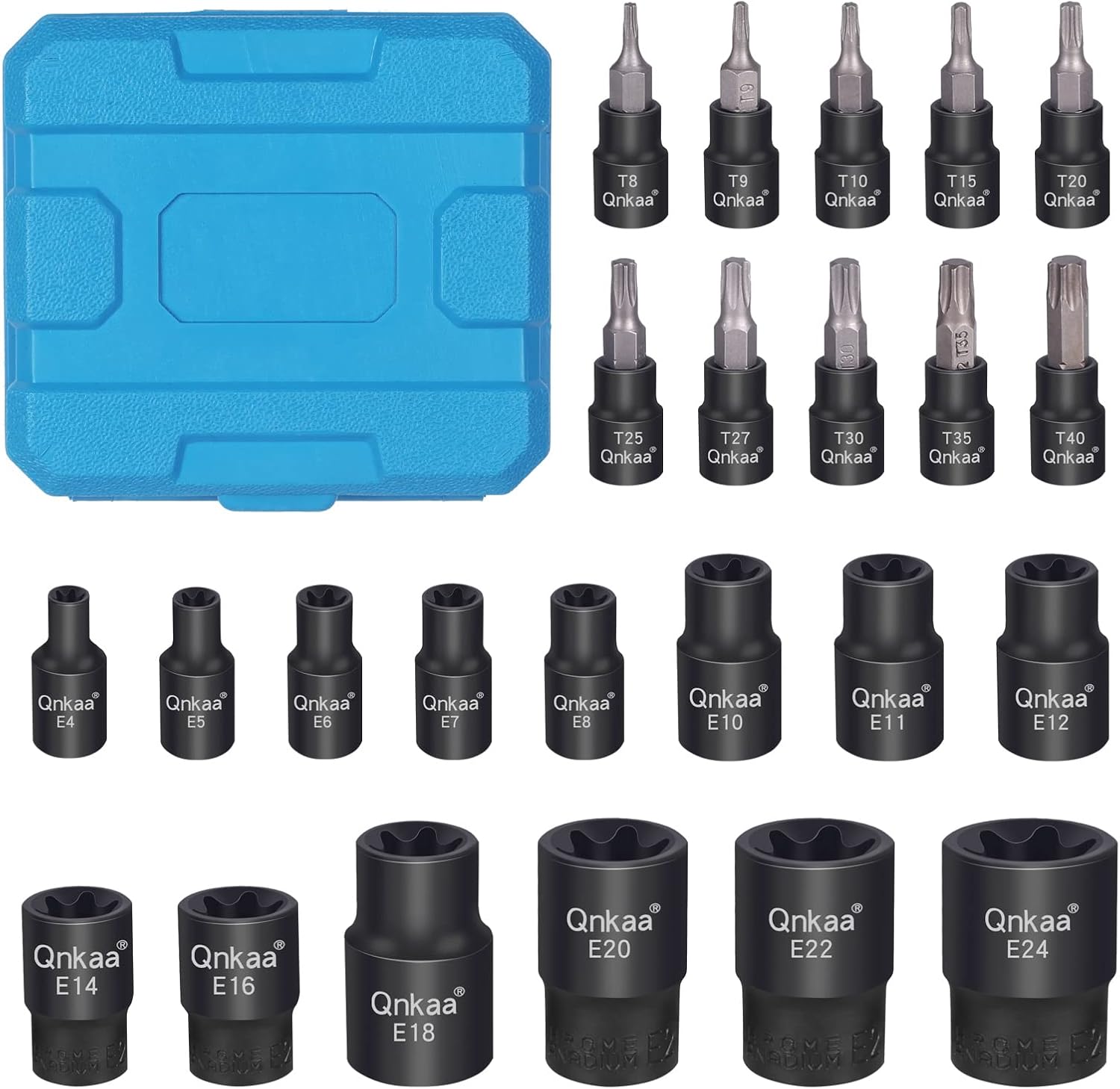 Torx Bit Socket Female E-Torx External Sockets Set 24PCS | 10pcs Star Socket Bits T8-T40 & 14pcs Female E-Torx Sockets E4-E24 14" 38" 12" | CrV | Enhanced Mini Storage Case