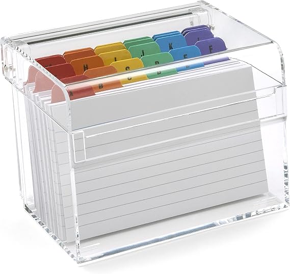 OSCO Clear Acrylic Index Box | Small | A to Z Divider Tabs | 100 Lined Note Sheets Included (5" X 3") | Ruled Revision Flash Cards | Recipe Notes | Contacts Filing | Fits 127 x 76 mm