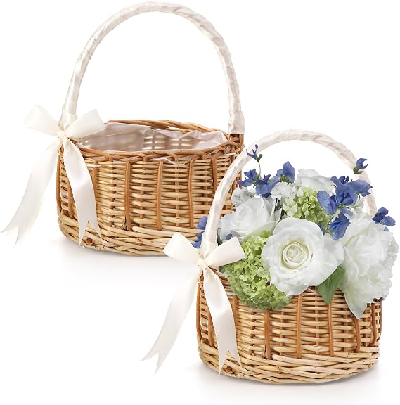 Lyellfe 2 Pack Flower Girl Basket with Handle, Silk Ribbon