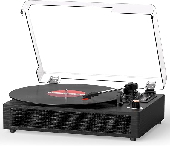 Bluetooth Turntable Vinyl Record Player, 3-Speed Record Player with Built-in Speakers,USB Recording, AUX in Auto Stop, Belt-Drive LP Player Black