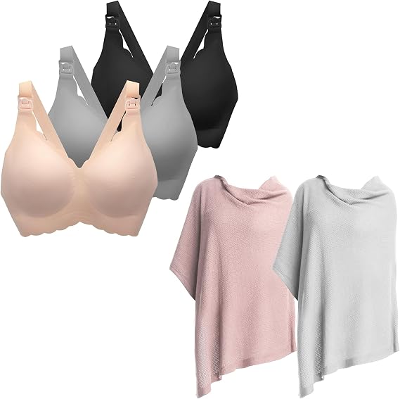 3pk Nursing Bras for Breastfeeding and 2pk Nursing Cover for Breastfeeding