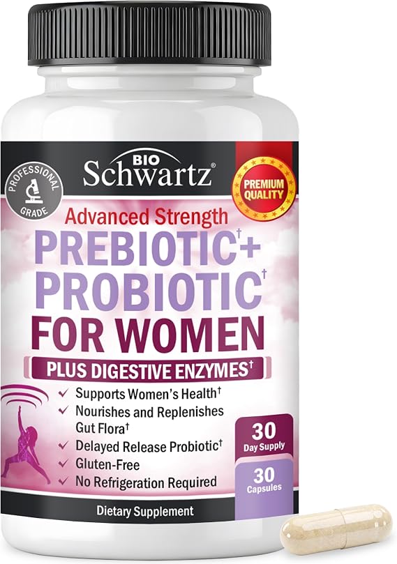 Prebiotics and Probiotics for Women - for Gut, Vaginal and Immune Health Support with Black Cohosh and Red Clover - Whole Food Digestive Enzymes Capsules, Lactobacillus Probiotic Supplement, 30 Count