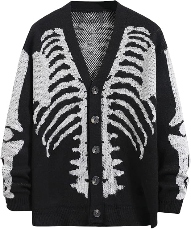 SHENHE Men's Skeleton Pattern Cardigan Long Sleeve Unisex Knitted Sweaters
