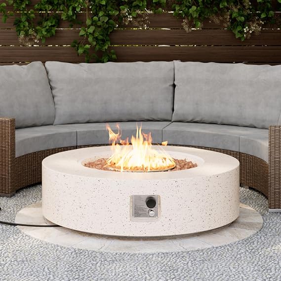 SUNBURY Outdoor 42inch Propane Fire Pit Table, 50,000 BTU Spotted White Patio Fire Table, Concrete Round Gas Fire Table w Lava Rocks