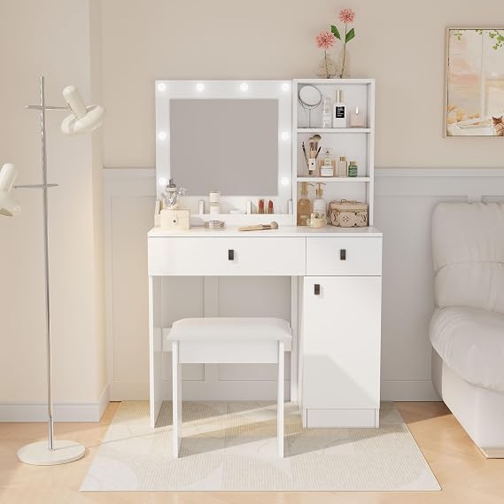 Holaki Vanity Desk with Mirror and Lights,Vanity Set,Makeup Vanity Desk with Large Drawers & Three Level Storage Dreeser,Vanitys/Vanities with 3 Lights Modes Brightness Adjustable for Bedroom,White