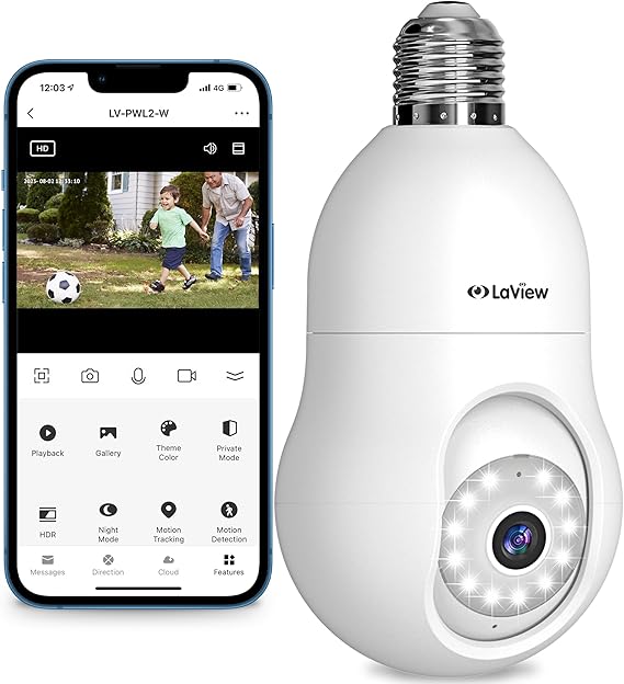 LaView 4MP Bulb Security Camera 2.4GHz,360 2K Security Cameras Wireless Outdoor Indoor Full Color Day and Night, Motion Detection, Audible Alarm, Easy Installation, Compatible with Alexa