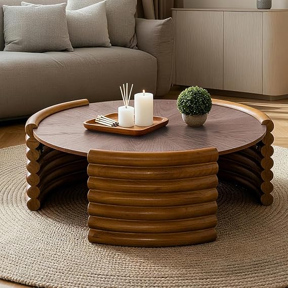 36" Round Farmhouse Coffee Table, Rustic Wood Veneer Coffee Table Round Circle Center Tables with Stable Fluted Legs Low Accent Tea Tables for Living Room Small Space,Brown