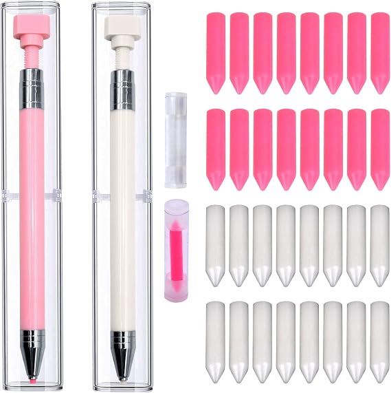ZYNERY 34 Pcs Diamond Painting Pens Kit, 2 Pcs Refillable Wax Pen with 32 Pcs Wax, Rotating Glue Point Drill Pen for Nail Art, Diamond Art Accessories and Tools, Quickly Pick Up Beads Gem (Pink&White)