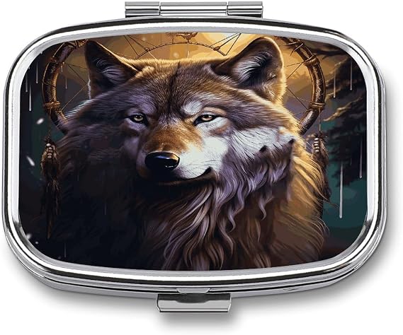 Wolves and Dream Catchers ピルケース 2コンパートメント メタル 小型 ピルボックス 旅行ピルオーガナイザー ポータブル 薬入れ ミニ 毎日の薬ホルダー ビタミン容器 魚油