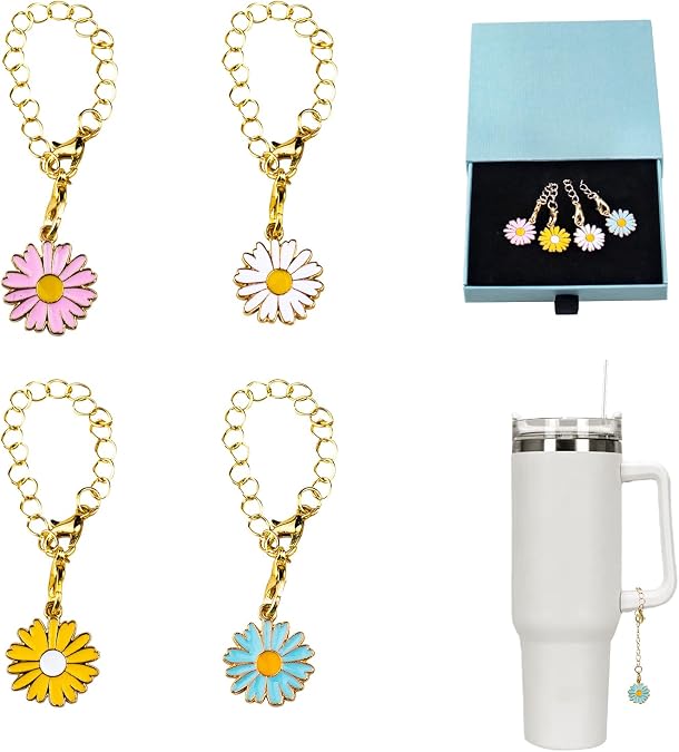 4 PCS Daisy Flower Cup Charms, Cute Floral Pendant Accessories, Personalized Handle Decorations Cup Identifier Tags for Stanley Tumblers