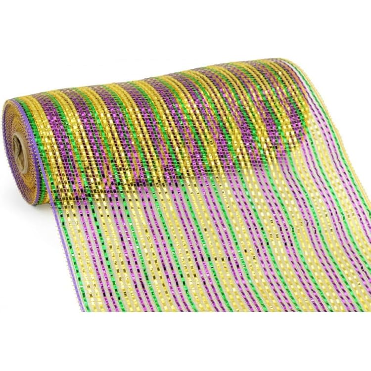 baotongle Metallic Mardi Gras Deco Mesh Ribbon Roll Glitter Metallic Wrapping for Tree Door DIY Project Decorations Wrapping Craft Purple Gold Green, 10inchesx10Yard