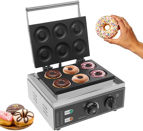 Commercial Waffle Donut Machine, 6 Holes Double-Sided Heating 50-300C, 110V 1550W, Electric Doughnut Maker, Non-stick Donut MakerTeflon-Coating for Professional Kitchen