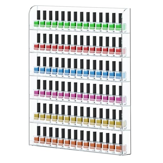 FEMELI 1 Pack 20 * 24 Inch Clear Acrylic Nail Polish Wall Racks | Hold Up to 120 Bottles,Nail Polish Shelf Organizer Wall Mounted 6 Rows