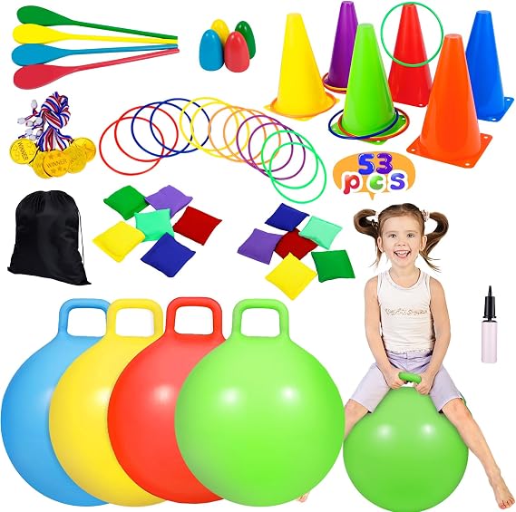 CWLAKON 53PCS Carnival Outdoor Games Combo Obstacle Course Set for Kids, Hopper Balls, Ring Toss, Bean Bags, Egg Spoon Relay Race, Outside Yard Backyard Field Day Birthday Party Family Reunion Game
