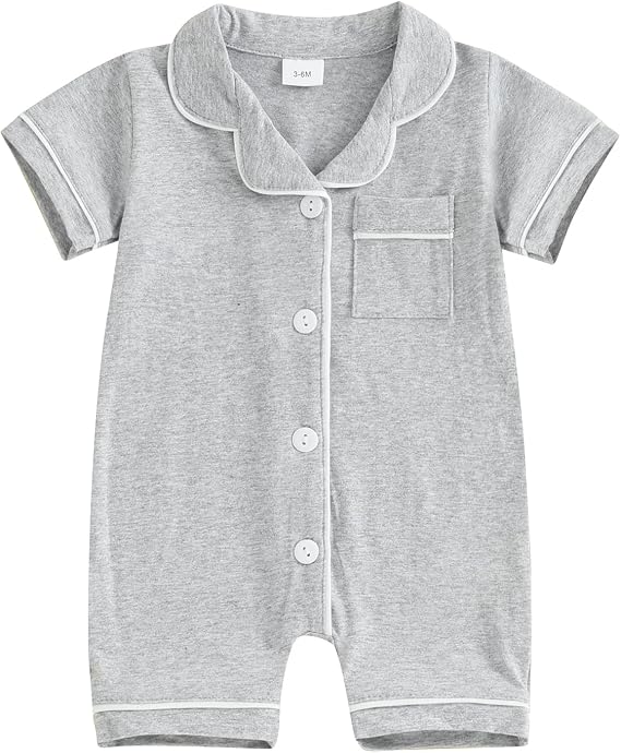 FULA-bao Infant Baby Boy Girl Pajamas Rompers Buttons Down Short Sleeve Turn-Down Collar Bodysuits Sleepwear with Pocket