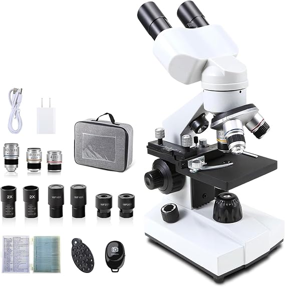 Compound Binocular Microscopes 40X-2000X with Microscope Prepared Slides 30p,for Kids Students Adults, Microscope Accessories, Wire Camera Shutter, for School CX1012