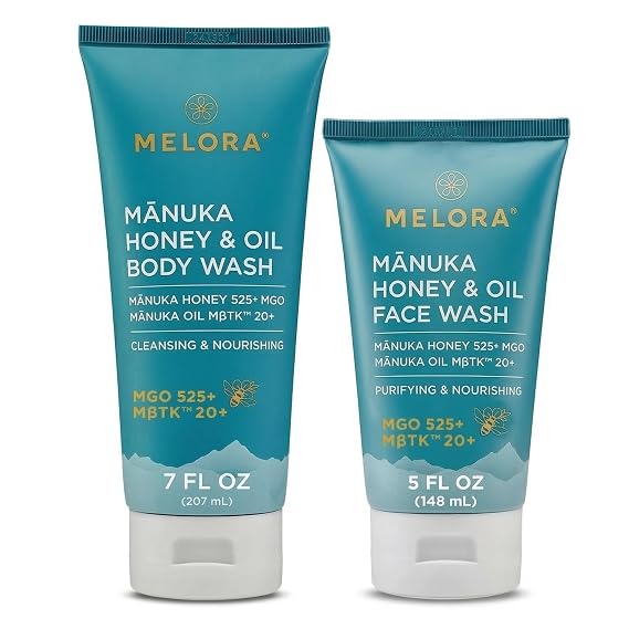 MELORA Manuka Honey Face Wash and Body Wash Bundle, Moisturizing Skin Care Cleanser with Manuka Honey & Oil for Acne, Dry, or Sensitive Skin - 5 oz Face & 7 oz Body Cleansers