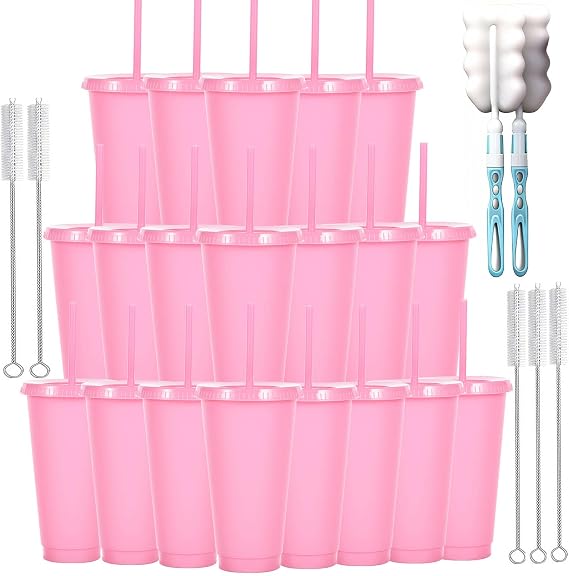 710ml Reusable Plastic Cups, 20 Pack Cold Cups with Lid and Straw, Tumblers Travel Mugs for Adults and Madam Party and Beach, Pool Gatherings (20, Pink)