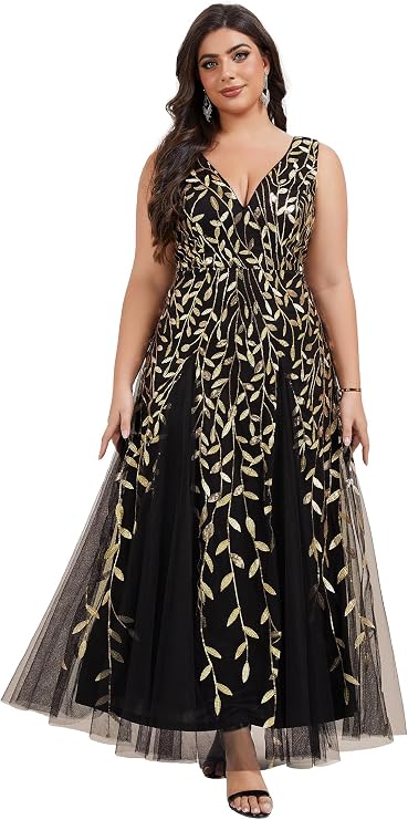 Ever-Pretty Plus Women's Sequin Formal Dress V Neck Sleeveless A-line Floor Length Plus Size Evening Dresses for Curvy Women Black Gold US18