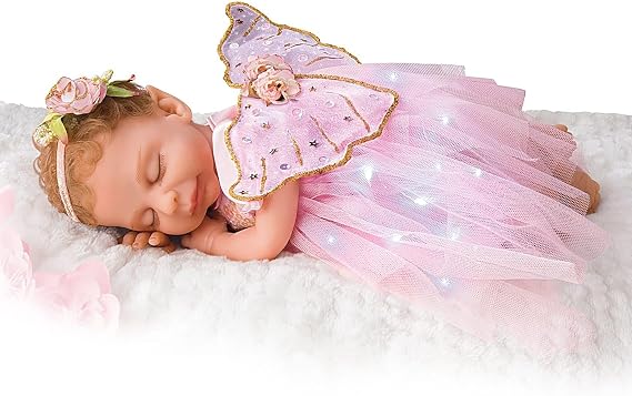 The Ashton-Drake Galleries Dream Blossom Illuminated LED Fairy Lifelike Reborn Baby Doll, 13.5 inches, TrueTouch Authentic Silicone, Weighted Cloth Body, Han-Painted Details