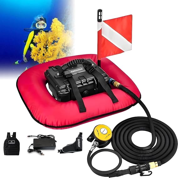Tankless Underwater Breathing Device, 52L/Min Scuba Diving Equipment Respirator with 9m Hose, 50-70min Endurance for Underwater Exploration Red-1Battery