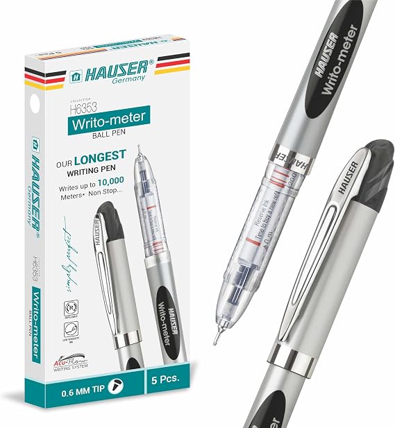 HAUSER Writo-meter Longest Writing Pen 10,000+ Meters Ink Flow, 0.6 MM Longest Writing - 6.21 Miles Pens, 10X More Than Ordinary Pens, Ergonomic Grip, Smooth & Durable for School and Everyday Use
