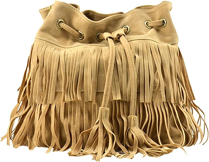 CLARA Women Faux Suede Tassel Fringe Bucket Bag Hippie Shoulder Bag Crossbody Bag