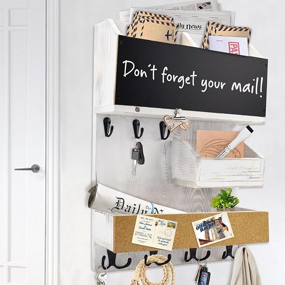 Mail Organizer Wall Mounted with Key Holder, Shelf, Ivory White
