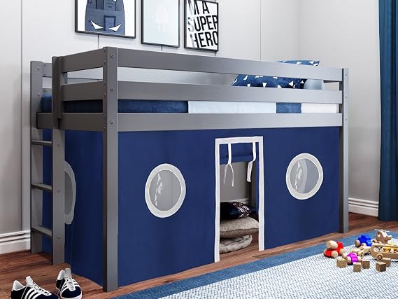 JACKPOT! Contemporary Low Loft Twin Bed with End Ladder, Gray with Blue & White Tent