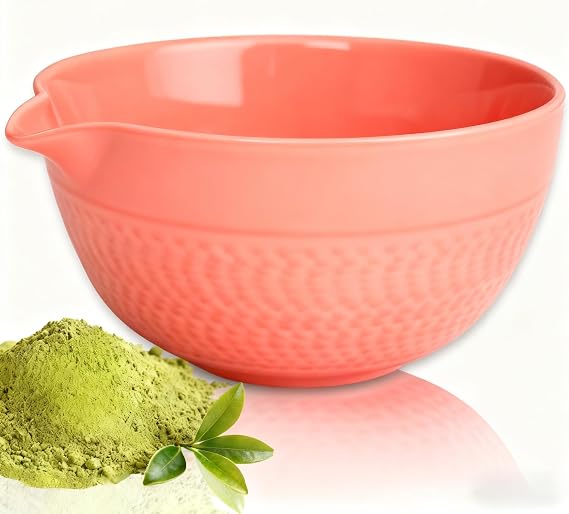 Matcha Bowl with Spout, Traditional Ceramic Matcha Tea Bowl Japanese Ceremonial Chawan for Whisking Mixing & Daily Use, 18oz/500ml Pink