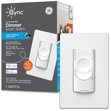 GE CYNC Smart Dimmer Light Switch, No Neutral Wire Required, White